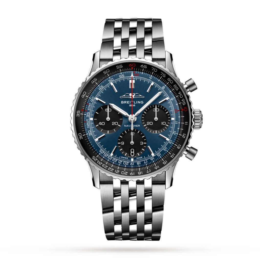 Breitling Navitimer Chronograph 43mm watch with dark blue dial and black subdial