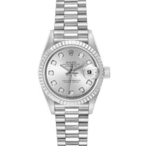 Rolex Datejust 31 Oyster Perpetual 18 ct white gold silver, diamond-set dial President band Reference 179384PDJ