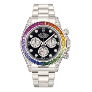 Rolex Cosmograph Daytona “Rainbow” 18 ct white gold bright black, diamond-set dial Oyster band Reference 116595RBOW-0001
