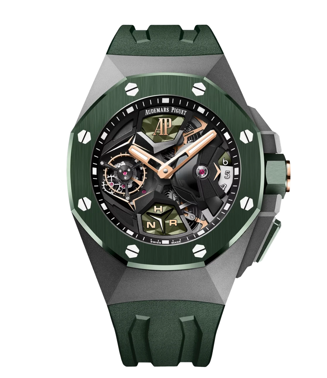 Audemars Piguet Royal Oak Concept Flying Tourbillon GMT Titanium and black inner bezel dial Textured green rubber strap Ref. 26589IO.OO.D056CA.01