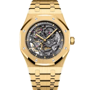 Audemars Piguet Royal Oak Double Balance Wheel Openworked 18-carat yellow gold and Blackened inner bezel dial 18-carat yellow gold bracelet Ref. 15407BA.OO.1220BA.01
