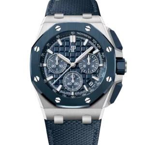 Audemars Piguet Royal Oak Offshore Selfwinding Chronograph Stainless steel and "Bleu Nuit, Nuage 50" “Méga Tapisserie” dial interchangeable "Bleu Nuit, Nuage 50" textured leather strap Ref. 26420SO.OO.A029VE.01