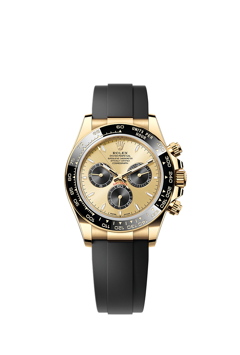 Rolex Cosmograph Daytona 40 Oyster Perpetual 18 ct yellow gold golden and bright black dial Oysterflex band Reference 126518LN