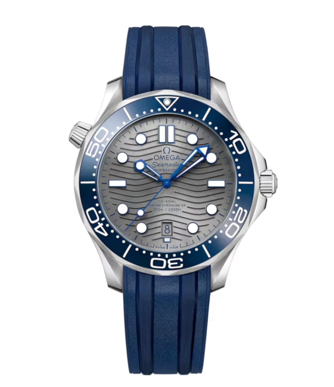 Omega Seamaster Diver 300M steel watch with grey dial and blue rubber strap