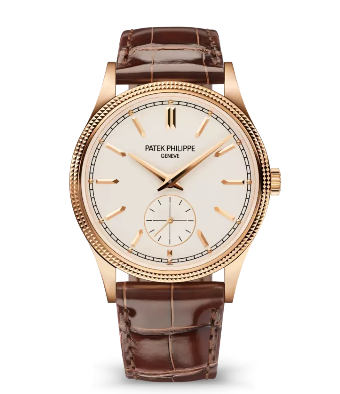 Patek Philippe Calatrava Rose gold and Silvery grained dial shiny chocolate brown Alligator leather Strap Ref. 6119R-001