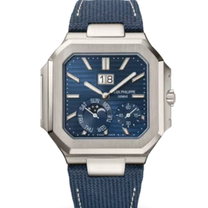 Patek Philippe Cubitus Platinum, Baguette-cut diamond set at 6 o’clock and Sunburst blue dial navy blue Composite material, fabric strap Ref. 5822P-001