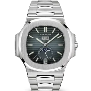 Patek Philippe Nautilus Annual Calendar Moon Phases Steel and Sunburst blue-gray dial Steel fold-over clasp bracelet Ref. 5726/1A-014