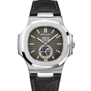 Patek Philippe Nautilus Annual Calendar Moon Phases Steel and Sunburst charcoal gray dial matte black Alligator leather strap Ref. 5726A-001