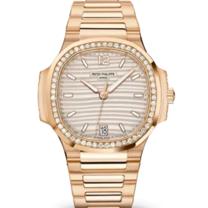Patek Philippe Nautilus Date Rose gold and Silvery opaline dial diamonds bezel Rose gold patented fold-over clasp bracelet Ref. 7118/1200R-001