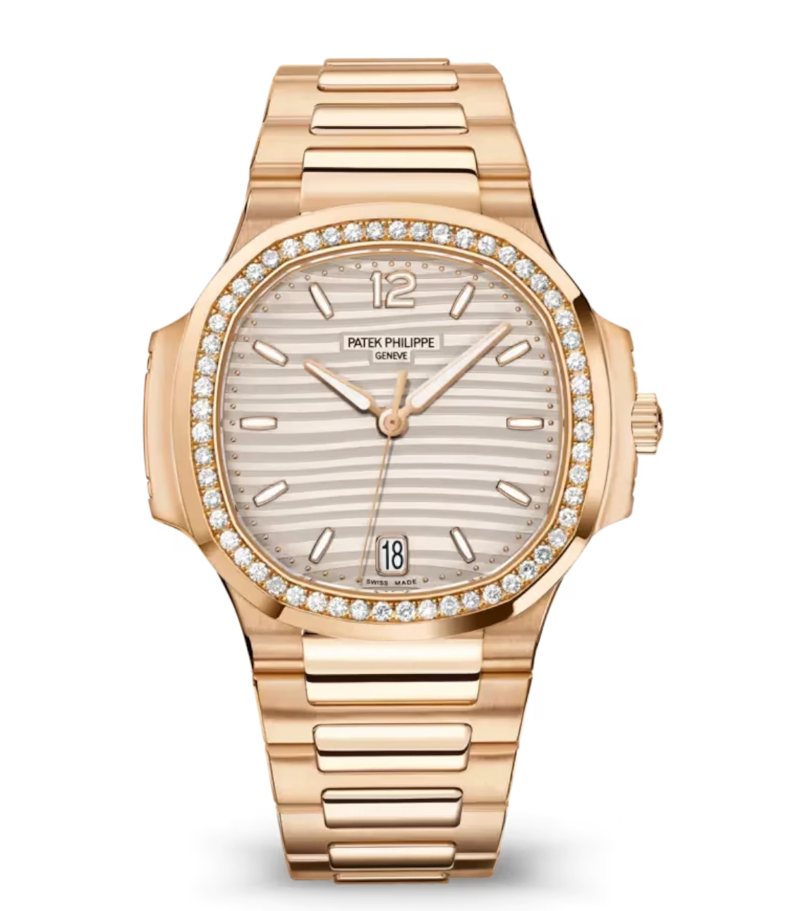 Patek Philippe Nautilus Date Rose gold and Silvery opaline dial diamonds bezel Rose gold patented fold-over clasp bracelet Ref. 7118/1200R-001
