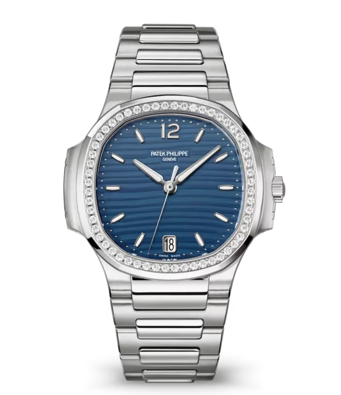 Patek Philippe Nautilus Date watch with steel and blue opaline dial, diamonds bezel, and steel bracelet.