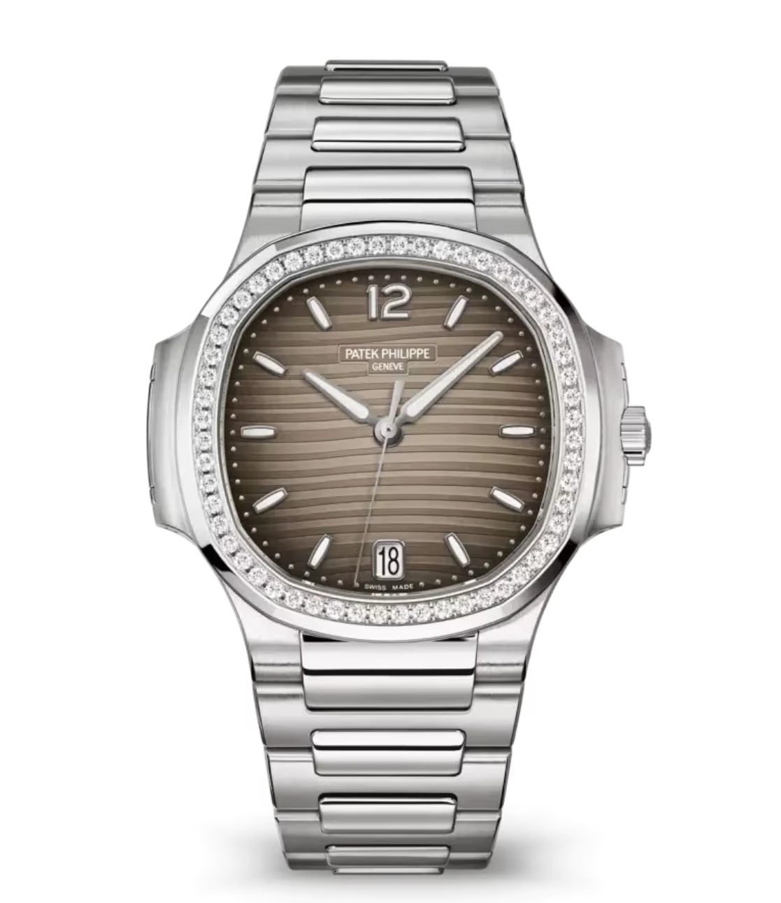 Patek Philippe Nautilus Date Steel and Gray opaline dial diamonds bezel Steel patented fold-over clasp bracelet Ref. 7118/1200A-011