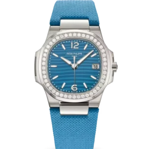 Patek Philippe Nautilus Date White gold and Lacquered azure blue dial diamonds bezel bleu clair Matière composite, motif textile strap Ref. 7010G-013