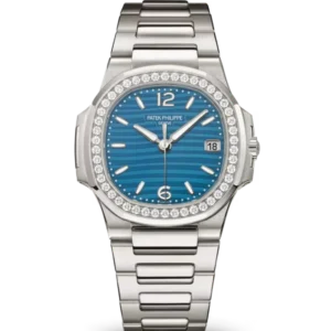 Patek Philippe Nautilus Date White gold and Lacquered azure blue dial diamonds bezel White gold fold-over clasp bracelet Ref. 7010/1G-013