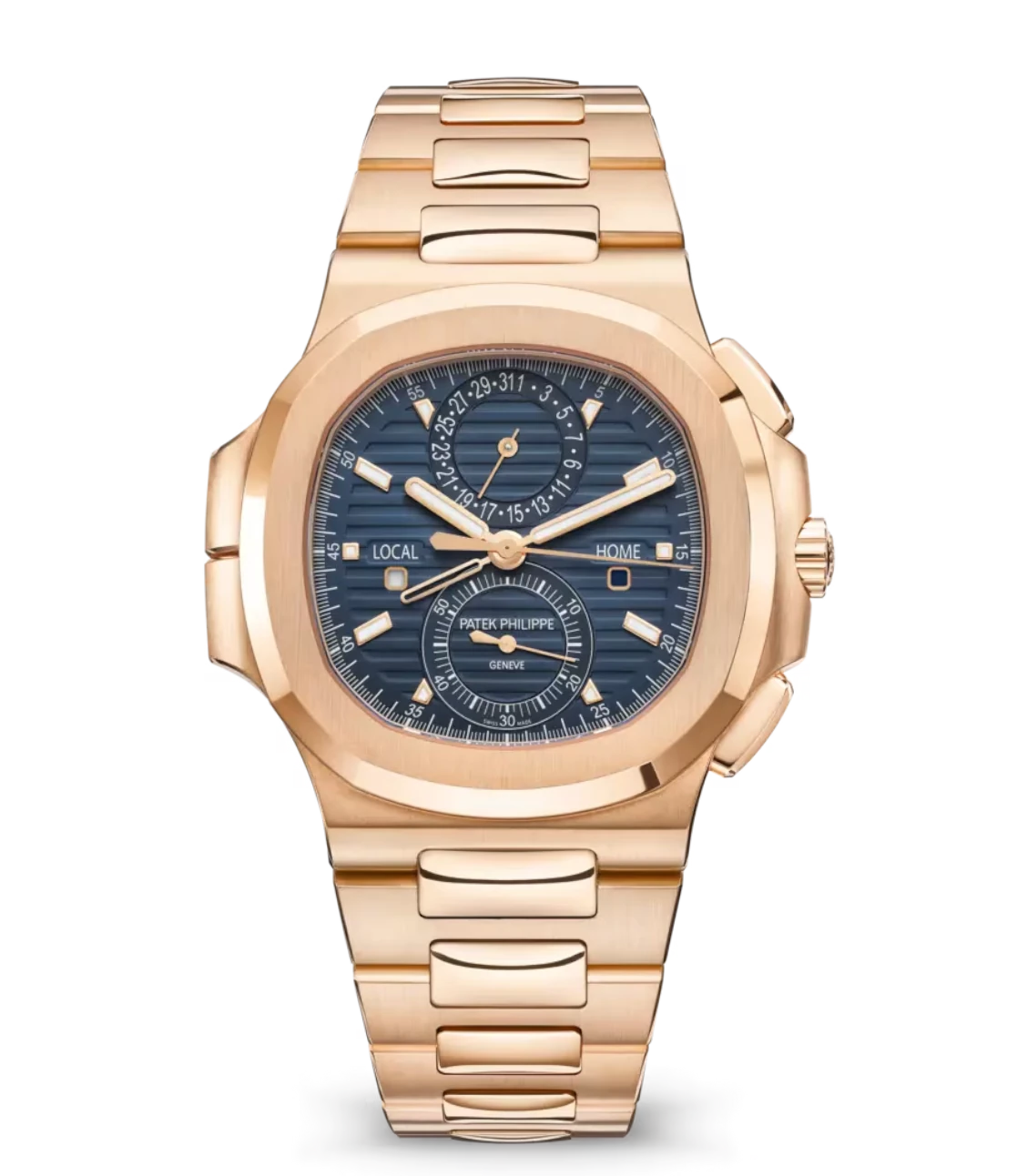 Patek Philippe Nautilus flyback chronograph Rose gold and Sunburst blue dial Rose gold fold-over clasp bracelet Ref. 5990/1R-001