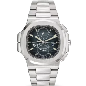 Patek Philippe Nautilus flyback chronograph Steel and Sunburst blue-gray dial Steel fold-over clasp bracelet Ref. 5990/1A-011