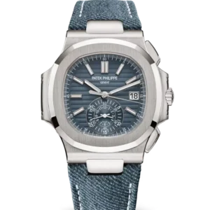 Patek Philippe Nautilus flyback chronograph White gold and Opaline blue-gray dial blue Calfskin, denim strap Ref. 5980/60G-001