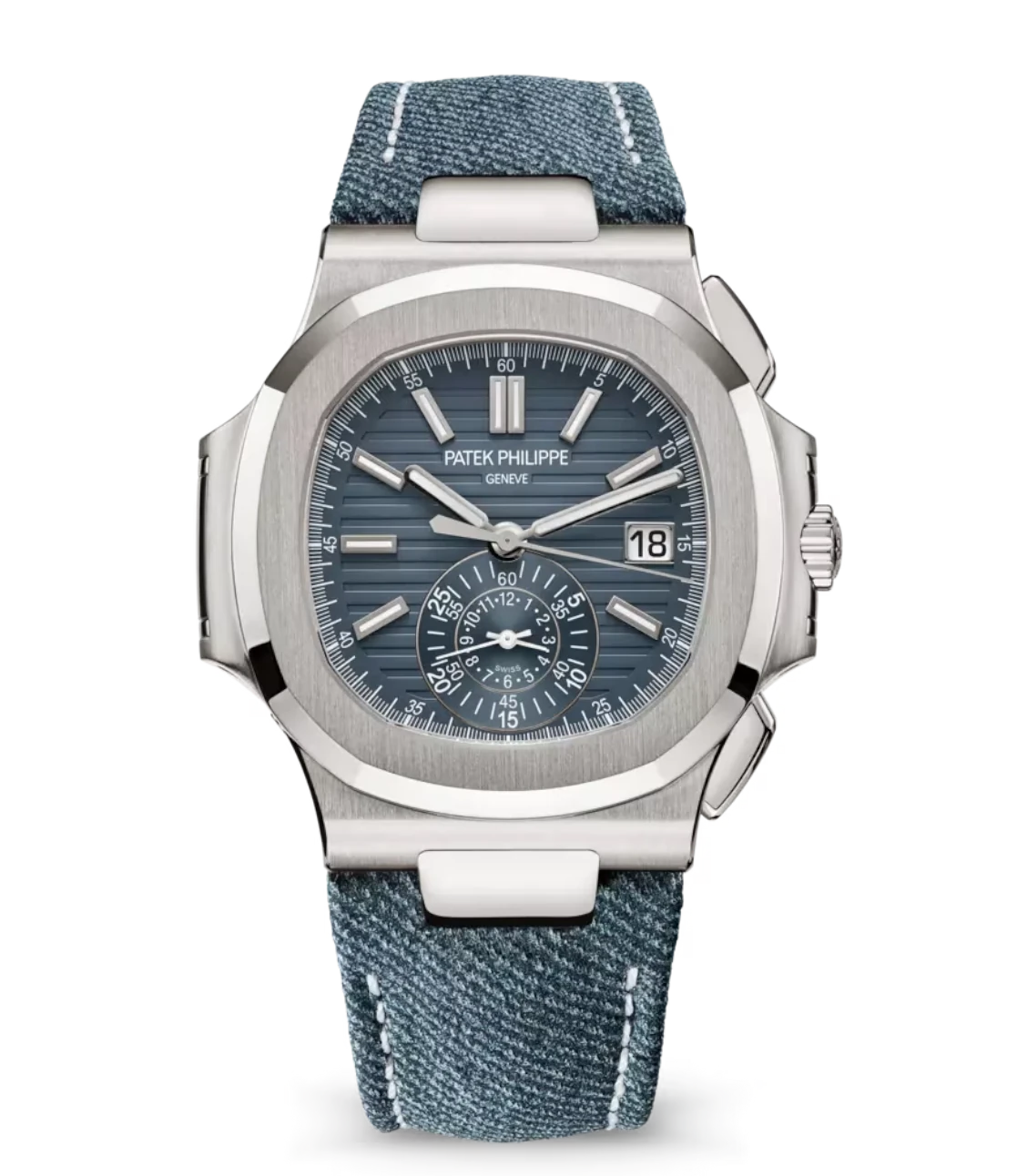 Patek Philippe Nautilus flyback chronograph watch in white gold with opaline blue-gray dial and denim strap