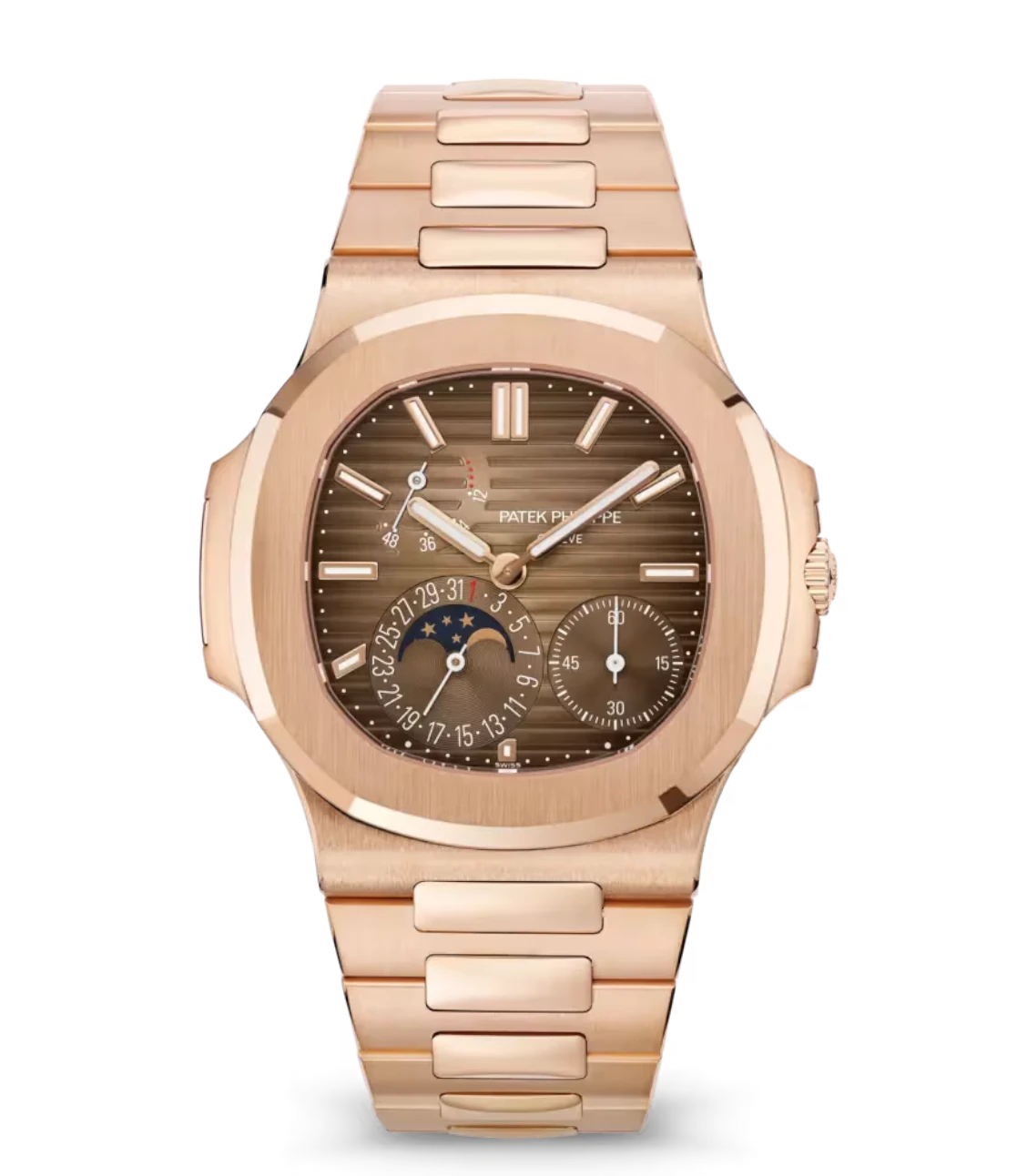 Patek Philippe Nautilus Moon Phases Rose gold and Sunburst brown dial Rose gold patented fold-over clasp bracelet Ref. 5712/1R-001