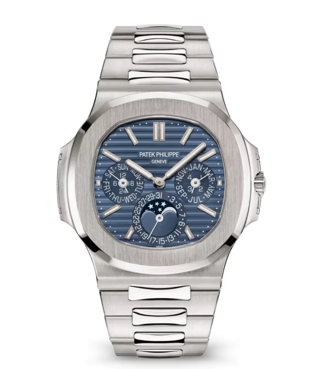 Patek Philippe Nautilus perpetual calendar White gold and Sunburst blue dial White gold patented fold-over clasp bracelet Ref. 5740/1G-001