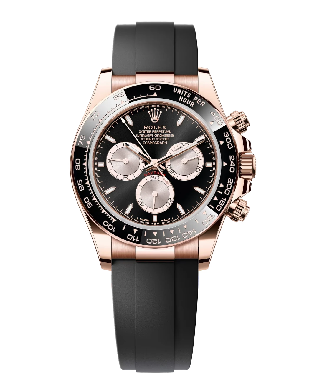 Rolex Cosmograph Daytona 40 Oyster Perpetual 18 ct Everose gold bright black and Sundust dial Oysterflex band Reference 126515LN