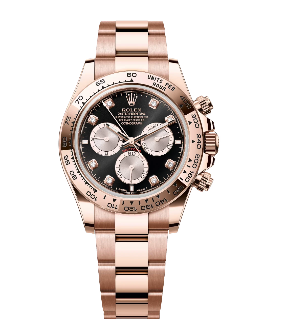 Rolex Cosmograph Daytona 40 Oyster Perpetual 18 ct Everose gold bright black and Sundust, diamond-set dial Oyster band Reference 126505