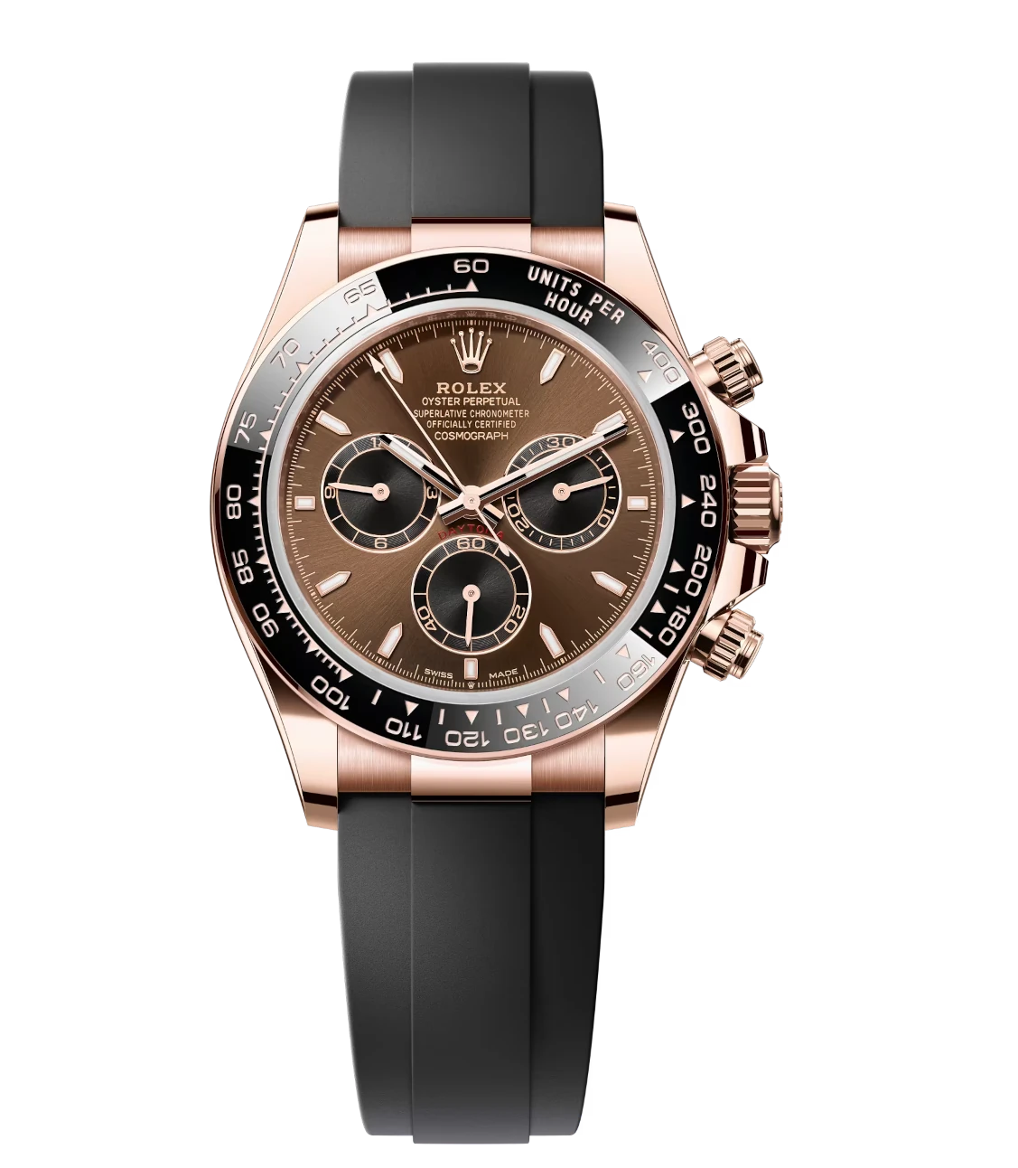 Rolex Cosmograph Daytona 40 Oyster Perpetual 18 ct Everose gold watch with chocolate and black dial on Oysterflex band