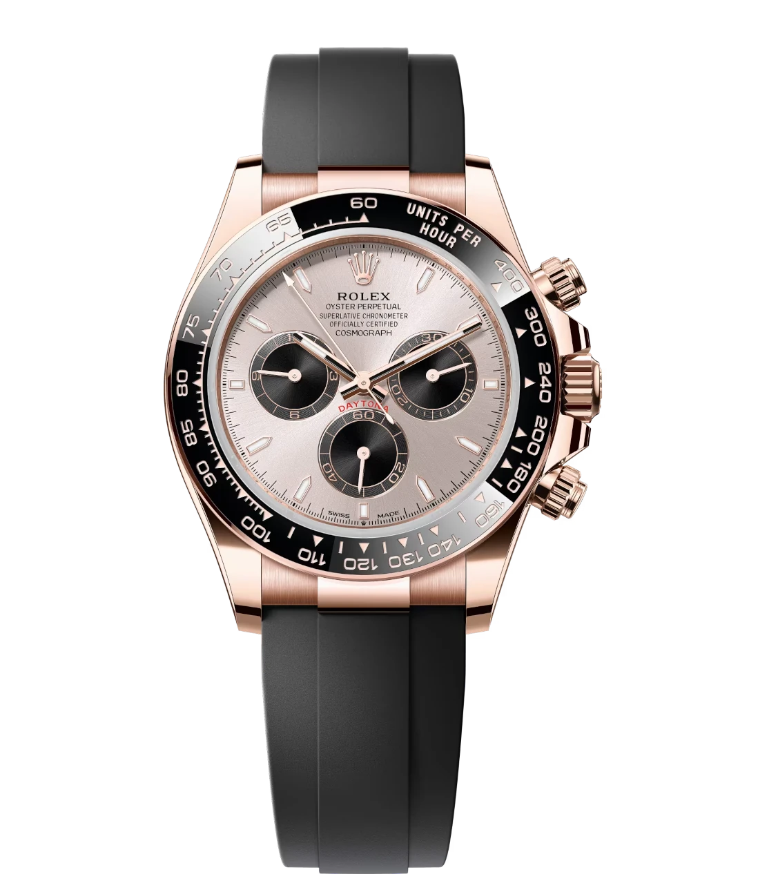 Rolex Cosmograph Daytona 40 Oyster Perpetual 18 ct Everose gold Sundust and bright black dial Oysterflex band Reference 126515LN