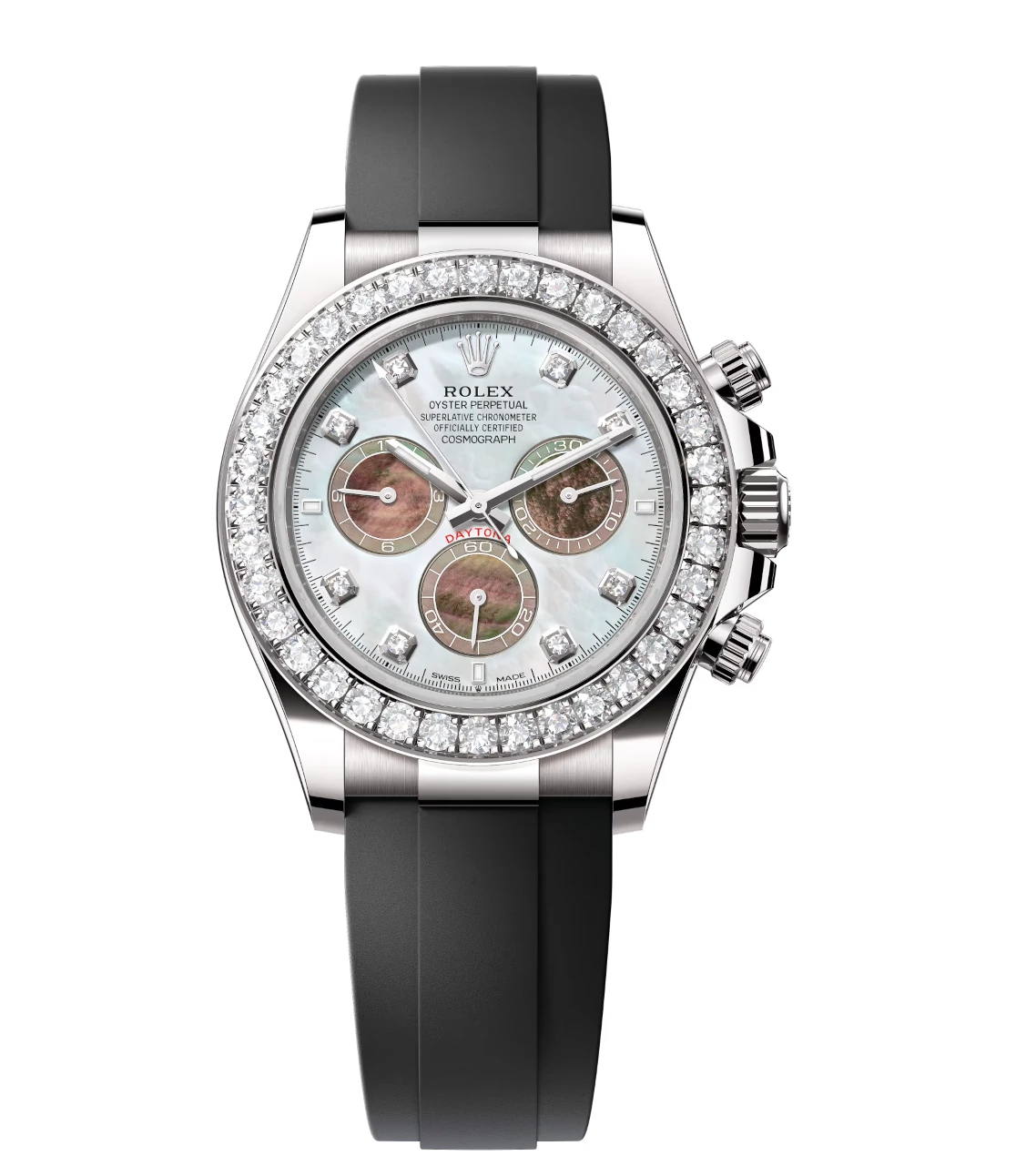 Rolex Cosmograph Daytona 40 Oyster Perpetual 18 ct white gold watch with white and black mother-of-pearl, diamond-set dial and Oysterflex band