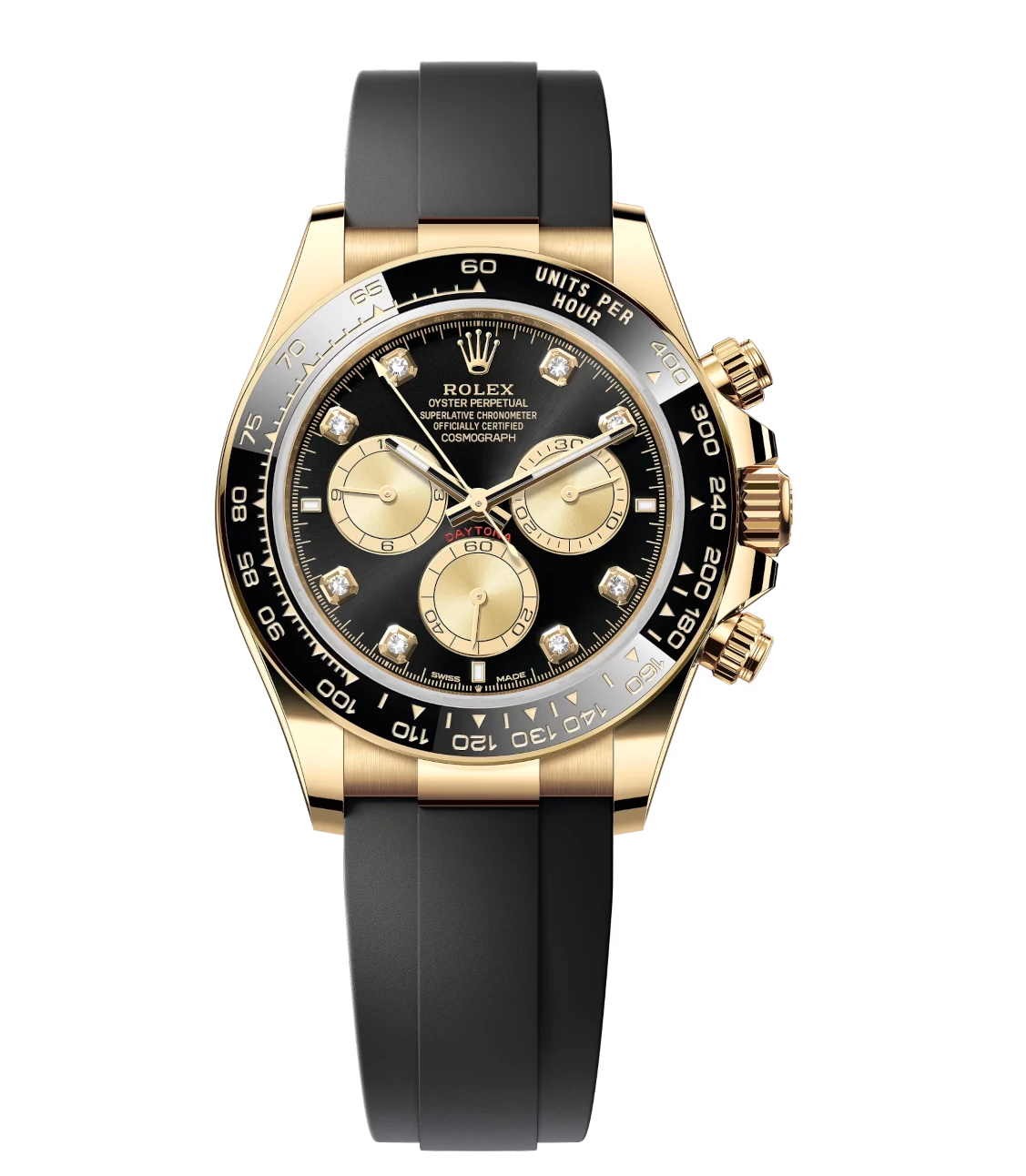 Rolex Cosmograph Daytona 40 Oyster Perpetual 18 ct yellow gold bright black and golden, diamond-set dial Oysterflex band Reference 126518LN