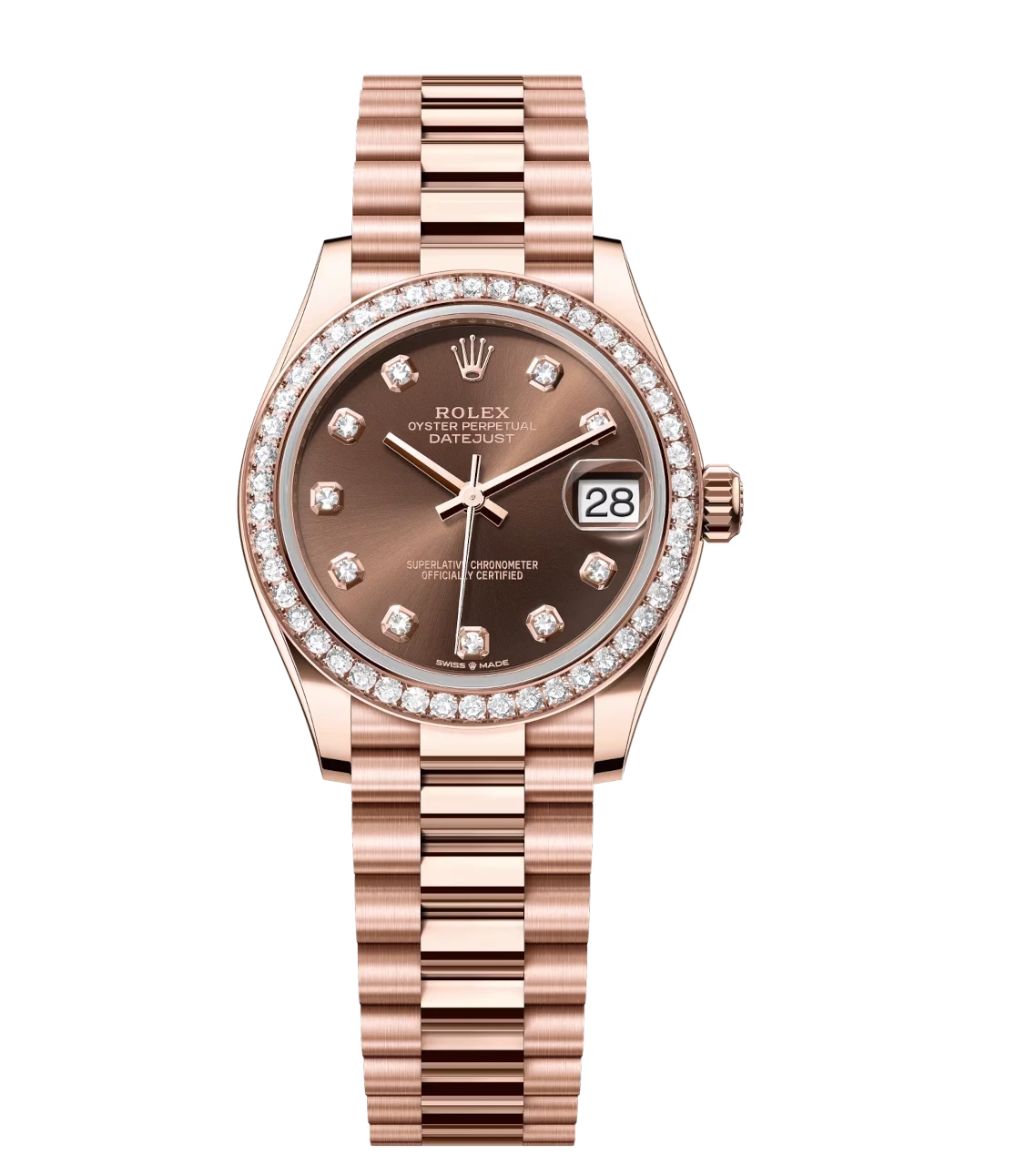 Rolex Datejust 31 Oyster Perpetual 18 ct Everose gold chocolate, diamond-set dial President band Reference 278285RBR