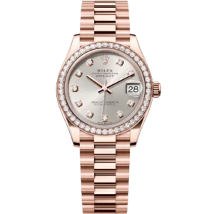 Rolex Datejust 31 Oyster Perpetual 18 ct Everose gold features a silver diamond-set dial President band Reference 278285RBR