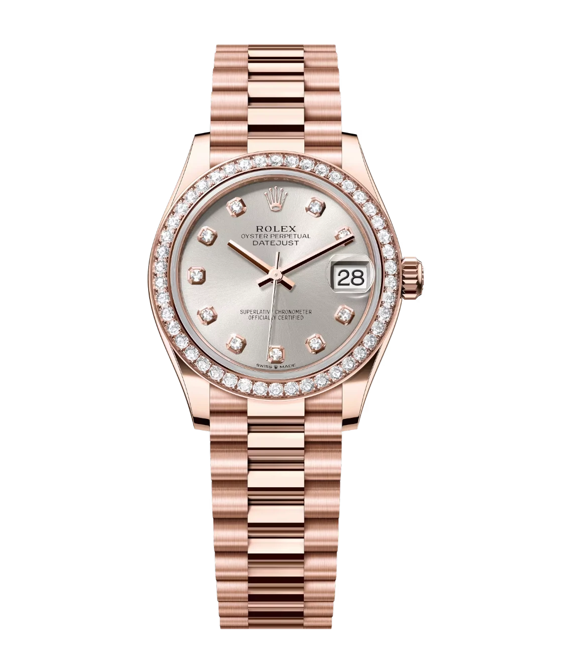 Rolex Datejust 31 Oyster Perpetual 18 ct Everose gold features a silver diamond-set dial President band Reference 278285RBR