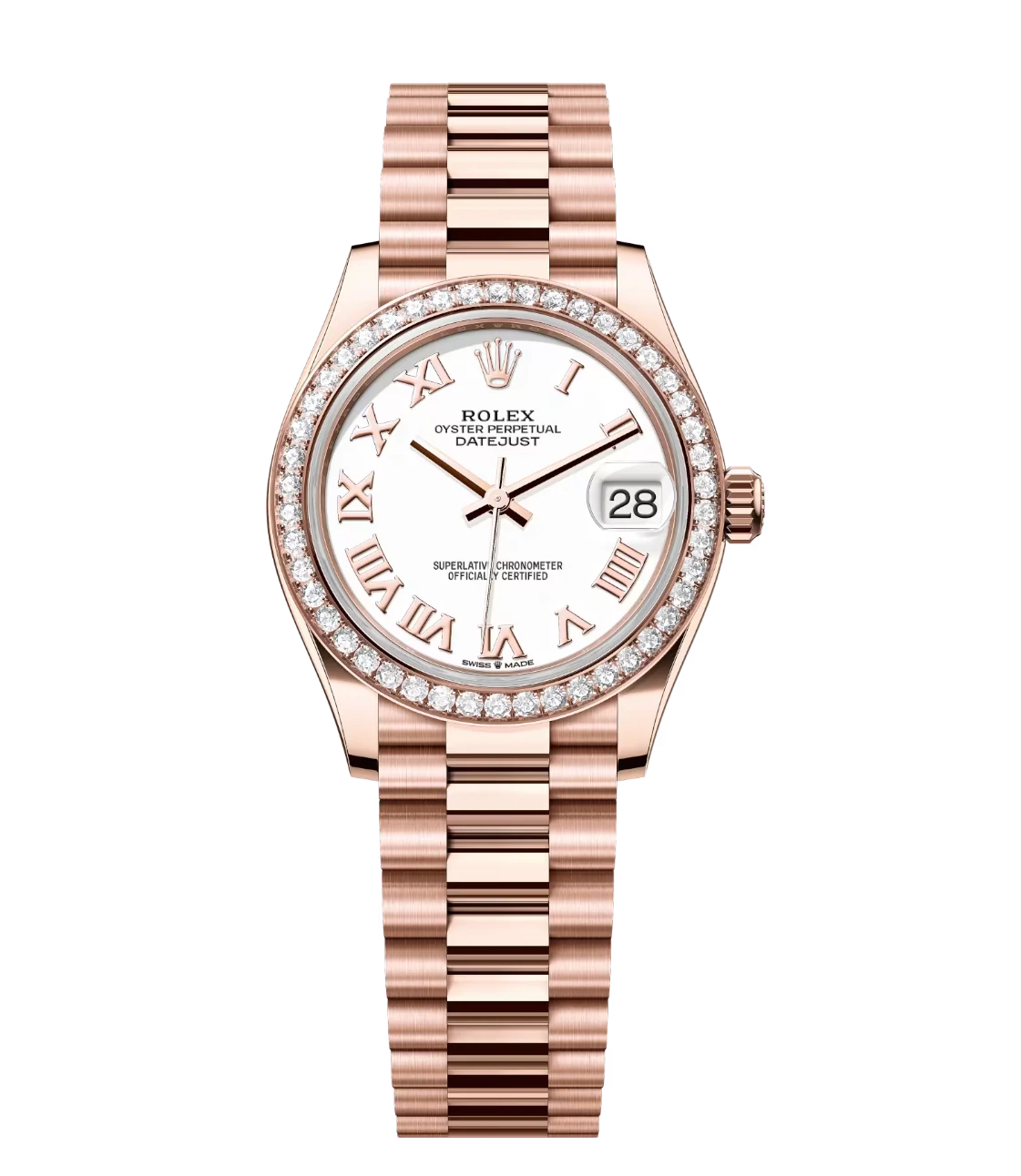 Rolex Lady-Datejust 28 Oyster Perpetual 18 ct Everose gold white dial President band
