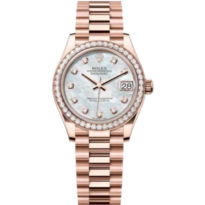 Rolex Datejust 31 Oyster Perpetual 18 ct Everose gold white mother-of-pearl, diamond-set dial President band Reference 278285RBR