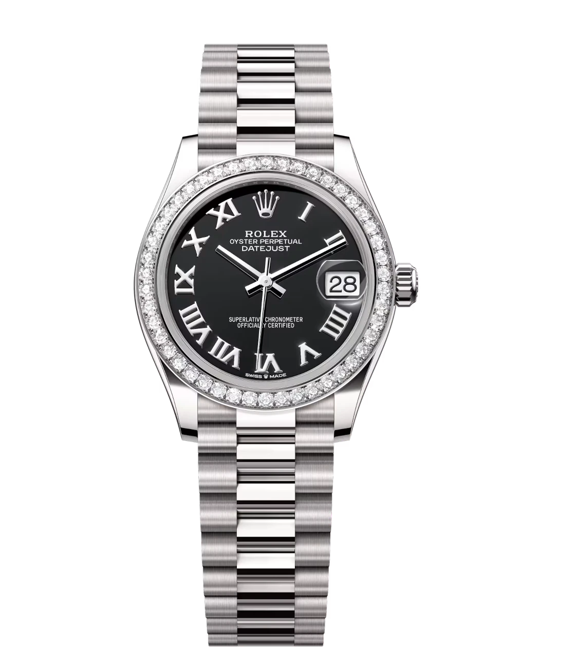 Rolex Datejust 31 Oyster Perpetual 18 ct white gold bright black dial President band Reference 278289RBR