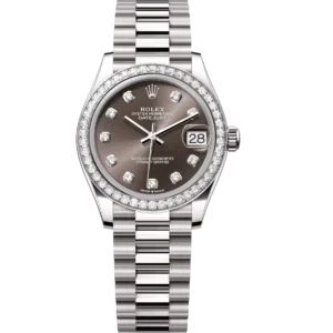 Rolex Datejust 31 Oyster Perpetual 18 ct white gold dark grey, diamond-set dial President band Reference 278289RBR