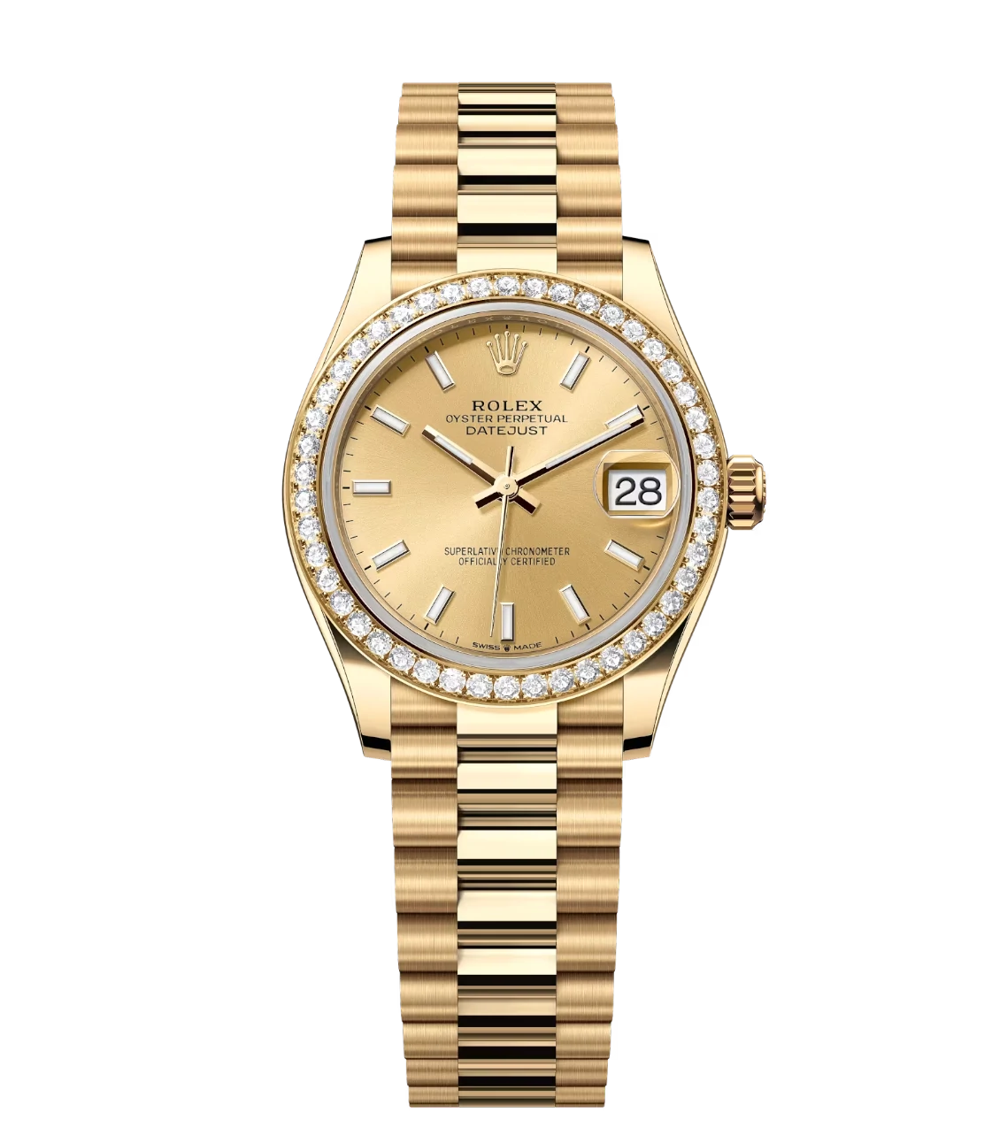 Rolex Datejust 31 Oyster Perpetual 18 ct yellow gold champagne-colour dial President band Reference 278288RBR