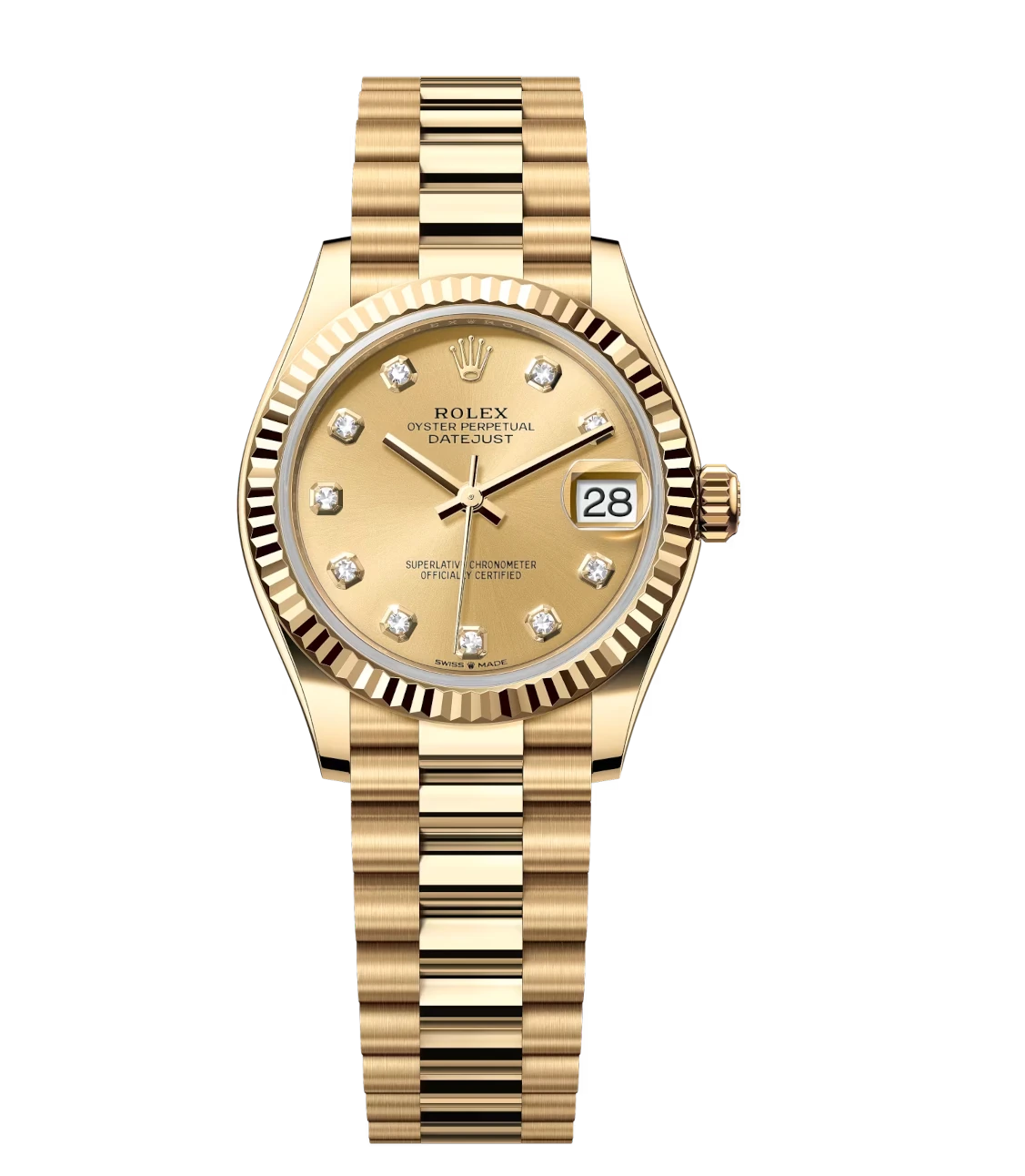 Rolex Datejust 31 Oyster Perpetual 18 ct yellow gold champagne colour, diamond-set dial President band Reference 278278
