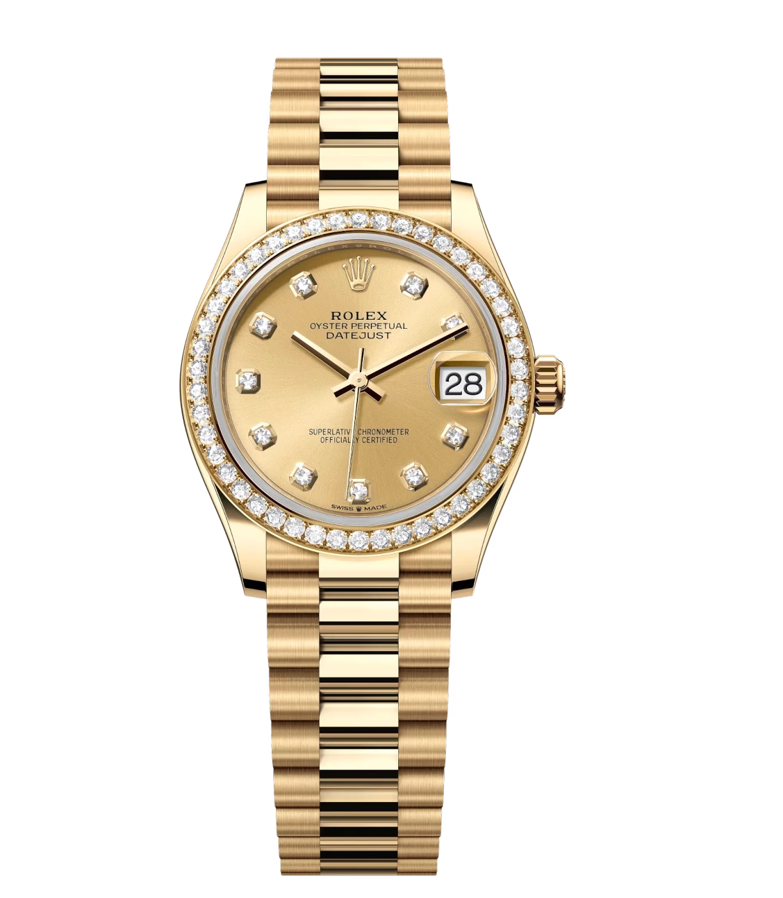 Rolex Datejust 31 Oyster Perpetual 18 ct yellow gold champagne colour, diamond-set dial President band Reference 278288RBR