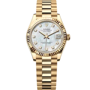 Rolex Datejust 31 Oyster Perpetual  18 ct yellow gold features a white mother-of-pearl, diamond-set dial President band Reference 278278