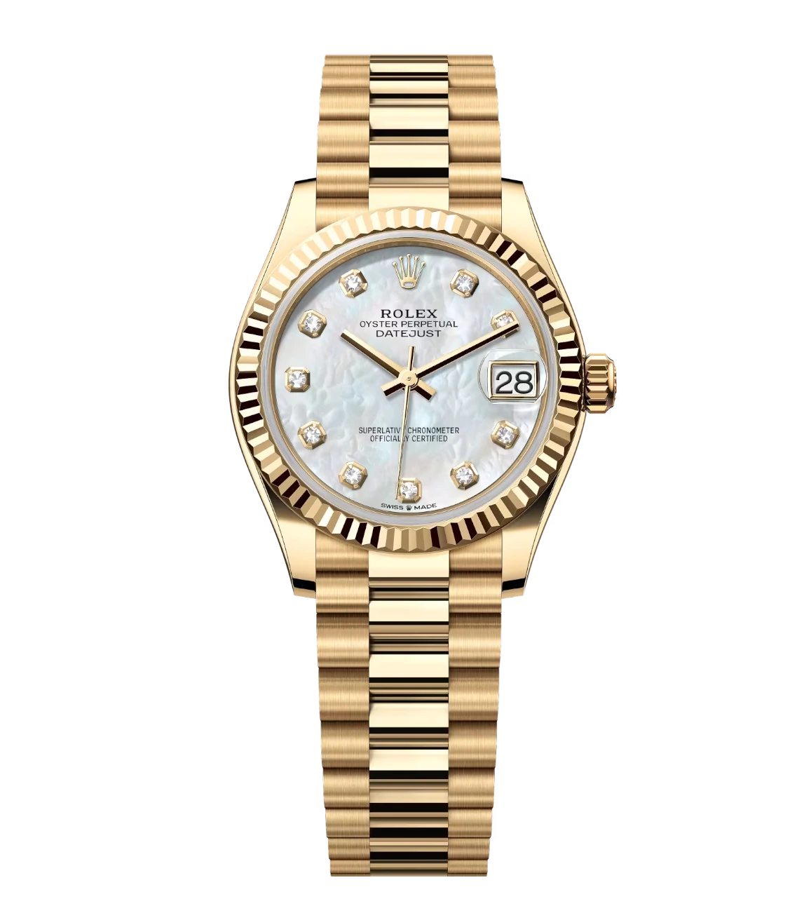 Rolex Datejust 31 Oyster Perpetual 18 ct yellow gold features a white mother-of-pearl, diamond-set dial President band Reference 278278