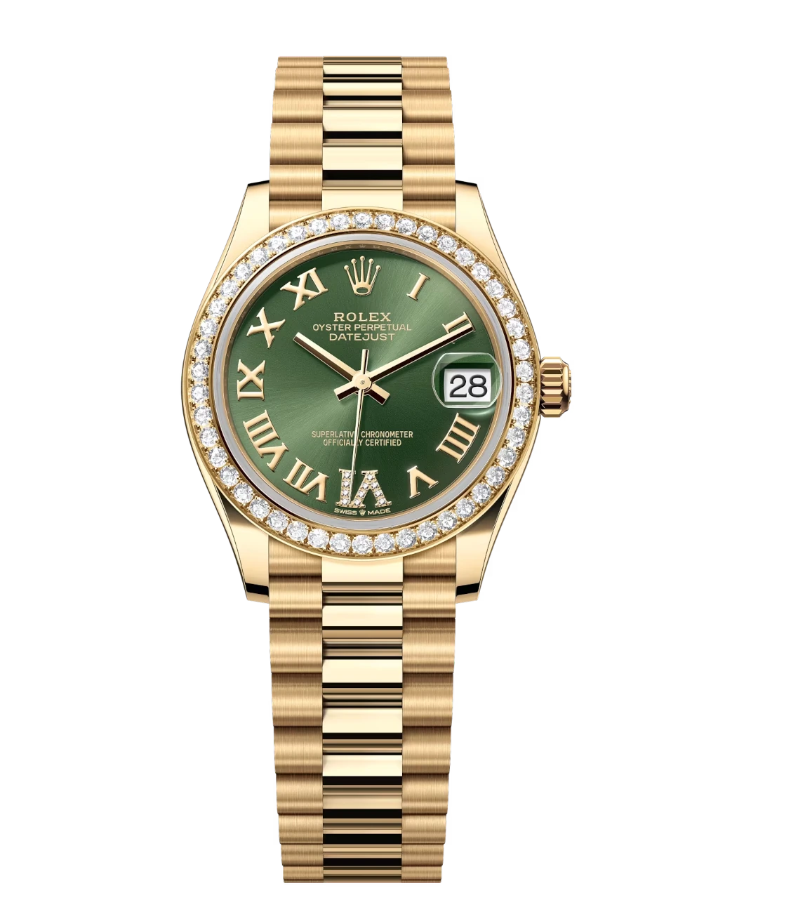 Rolex Datejust 31 Oyster Perpetual 18 ct yellow gold olive-green, diamond-set dial President band Reference 278288RBR