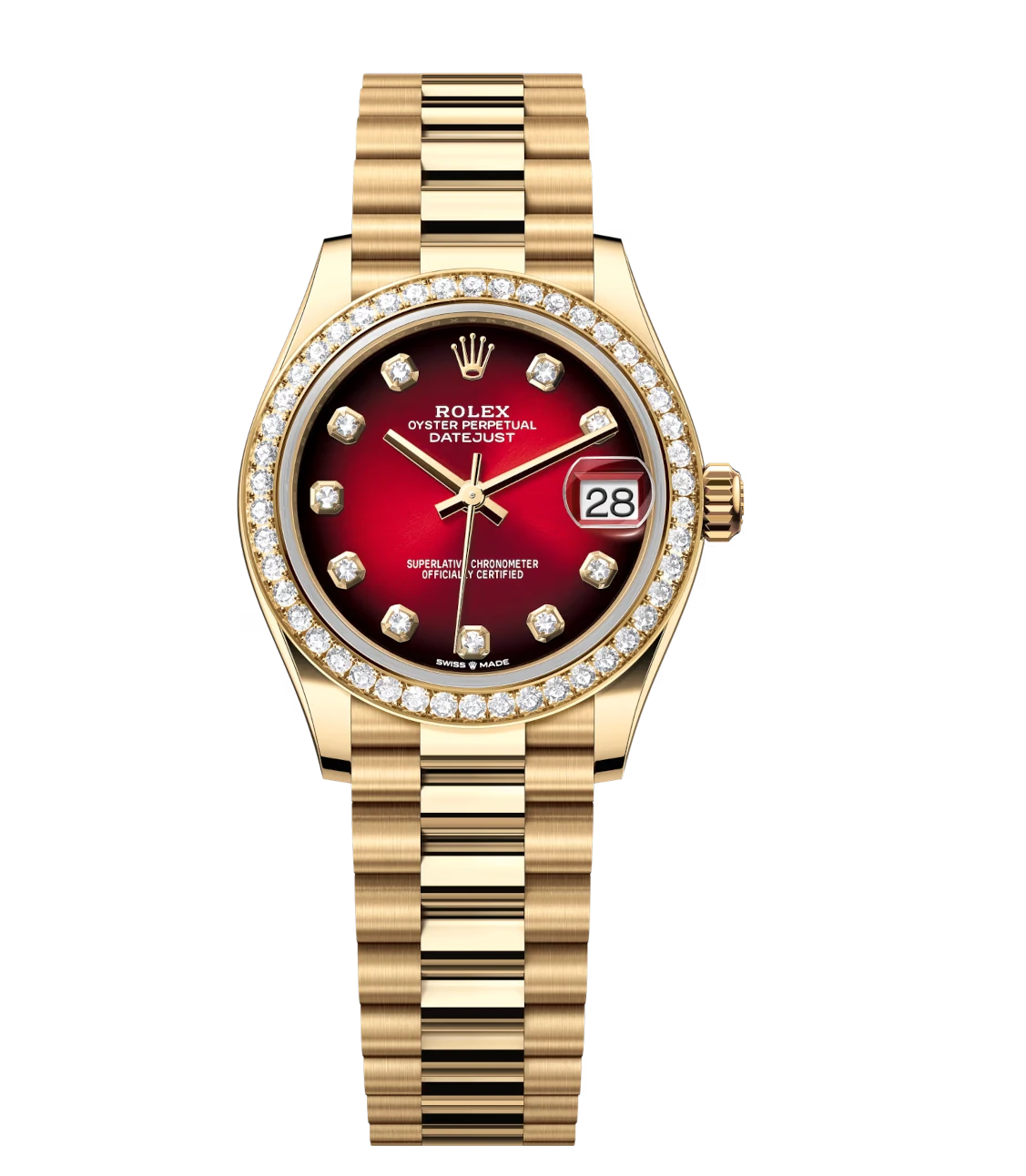 Rolex Datejust 31 Oyster Perpetual 18 ct yellow gold red ombré, diamond-set dial President band Reference 278288RBR