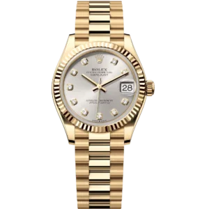 Rolex Datejust 31 Oyster Perpetual 18 ct yellow gold silver, diamond-set dial President band Reference 278278
