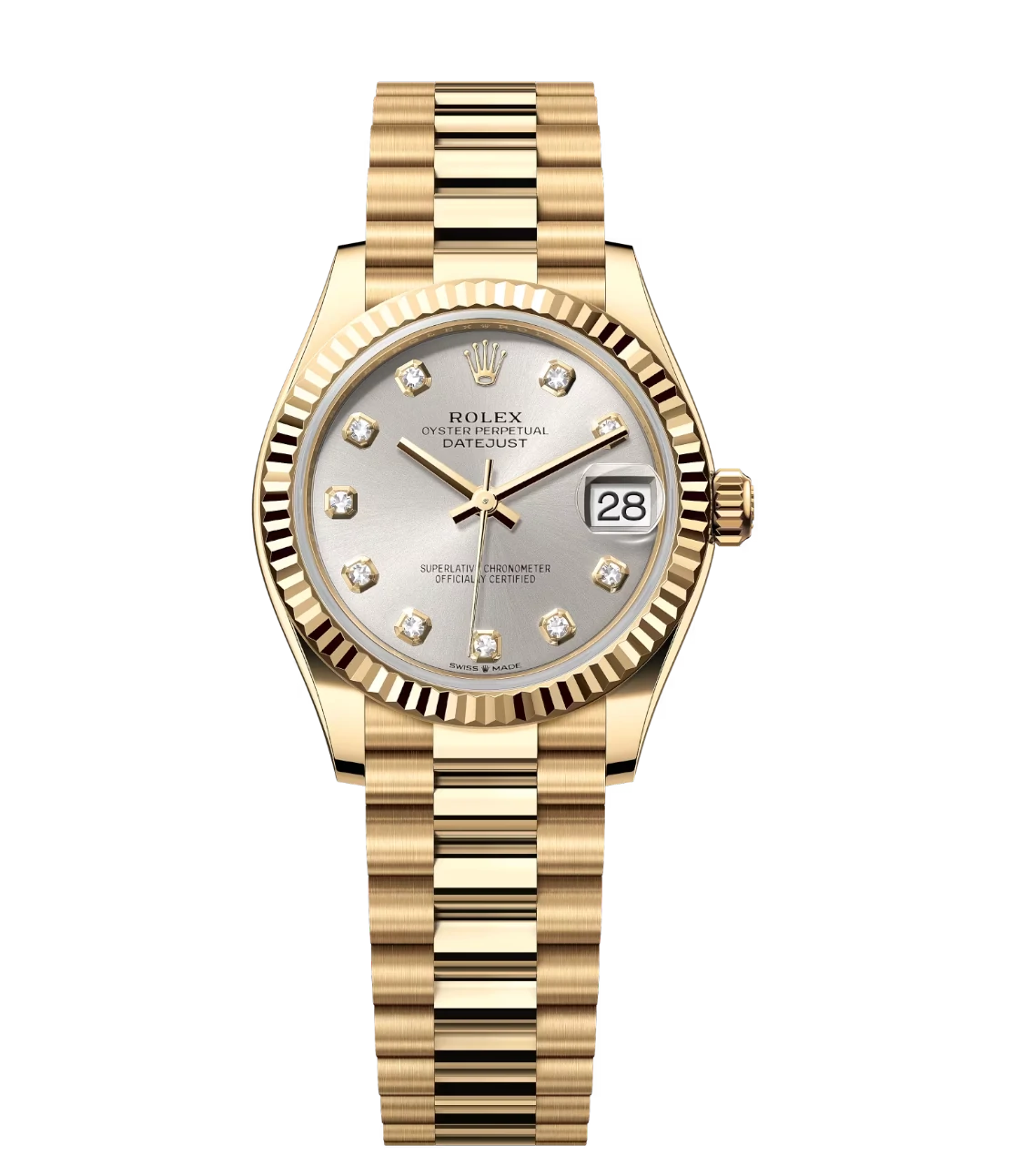 Rolex Datejust 31 Oyster Perpetual 18 ct yellow gold silver, diamond-set dial President band Reference 278278