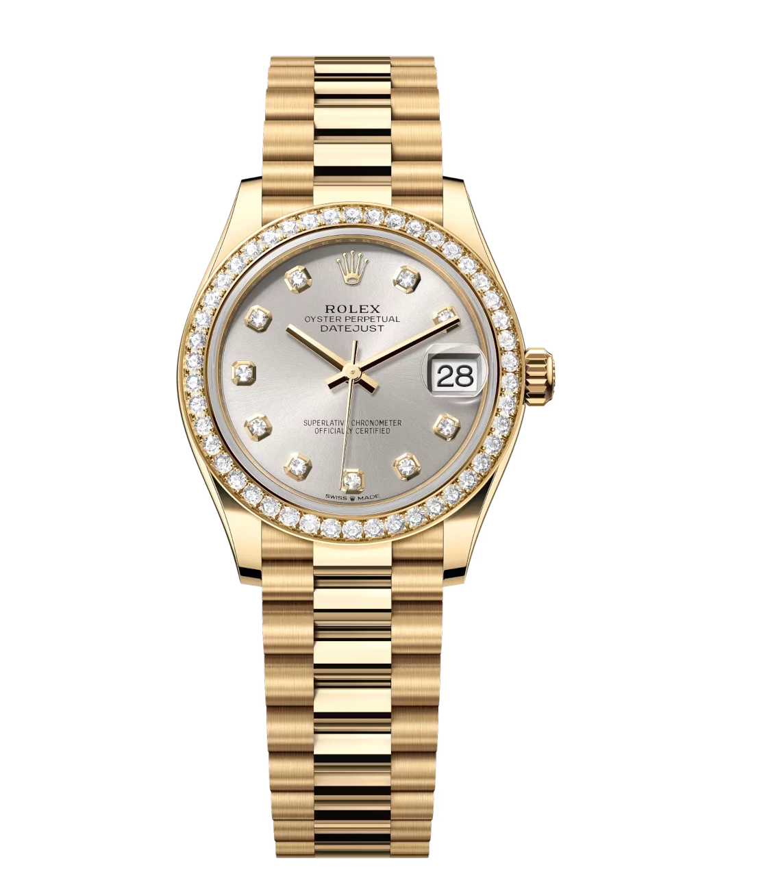 Rolex Lady-Datejust 28 Oyster Perpetual 18 ct yellow gold silver diamond-set dial President band watch