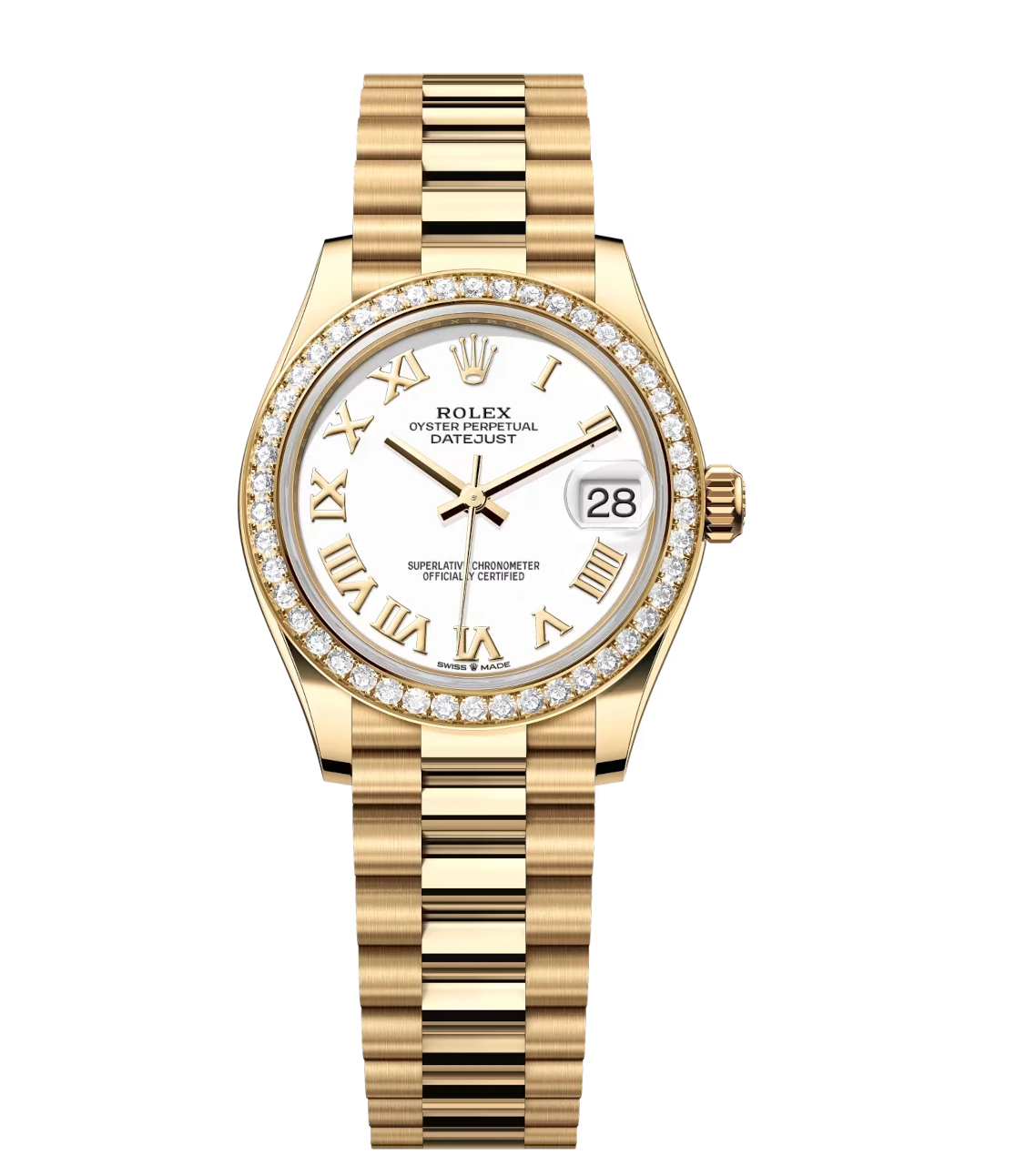Rolex Datejust 31 Oyster Perpetual 18 ct yellow gold white dial President band watch