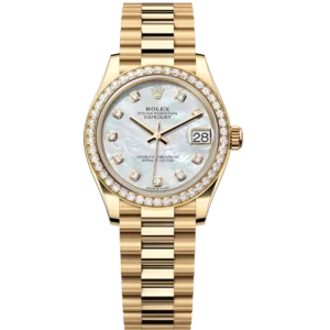 Rolex Datejust 31 Oyster Perpetual 18 ct yellow gold white mother-of-pearl, diamond-set dial President band Reference 278288RBR