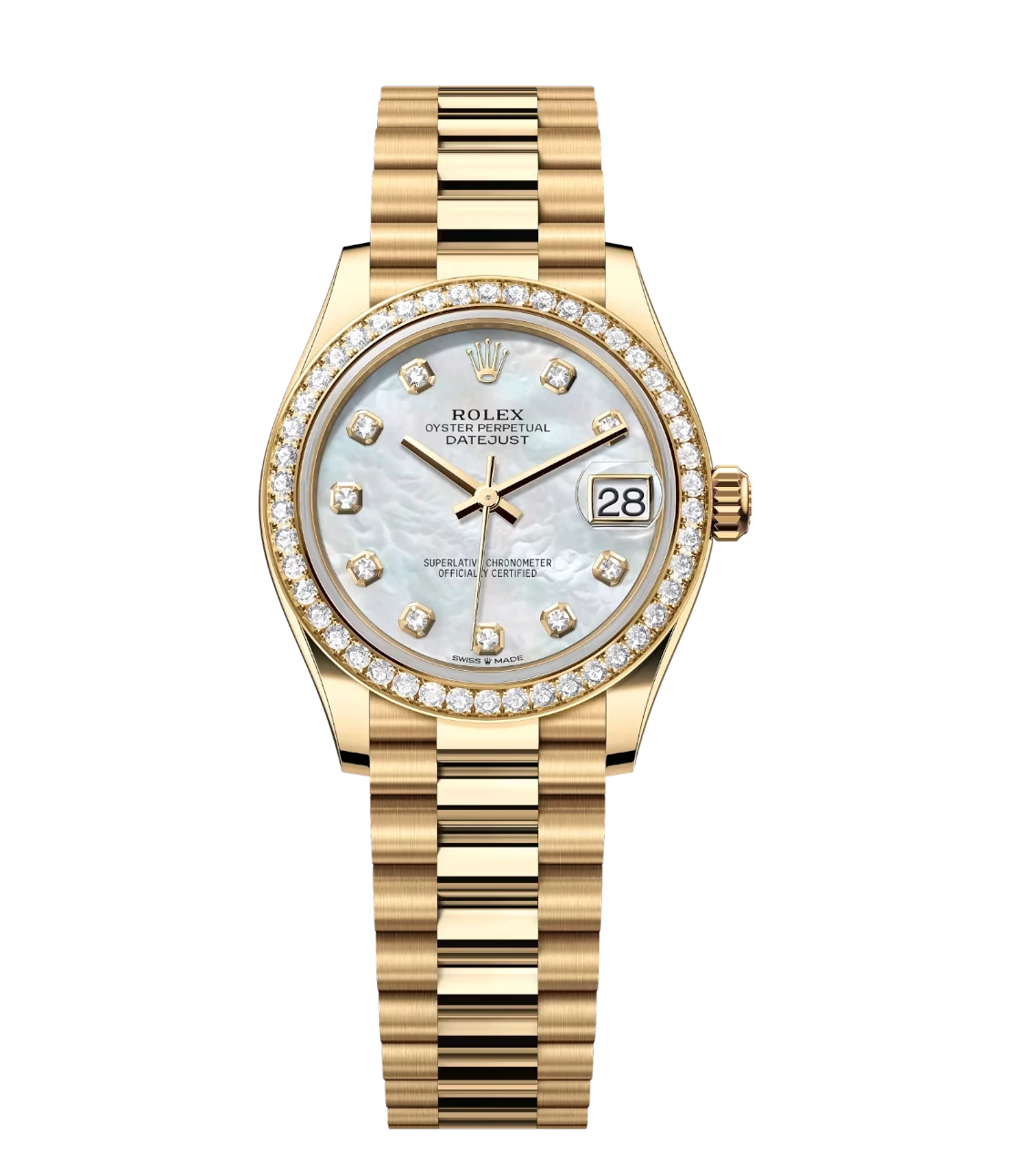 Rolex Datejust 31 Oyster Perpetual 18 ct yellow gold white mother-of-pearl, diamond-set dial President band Reference 278288RBR
